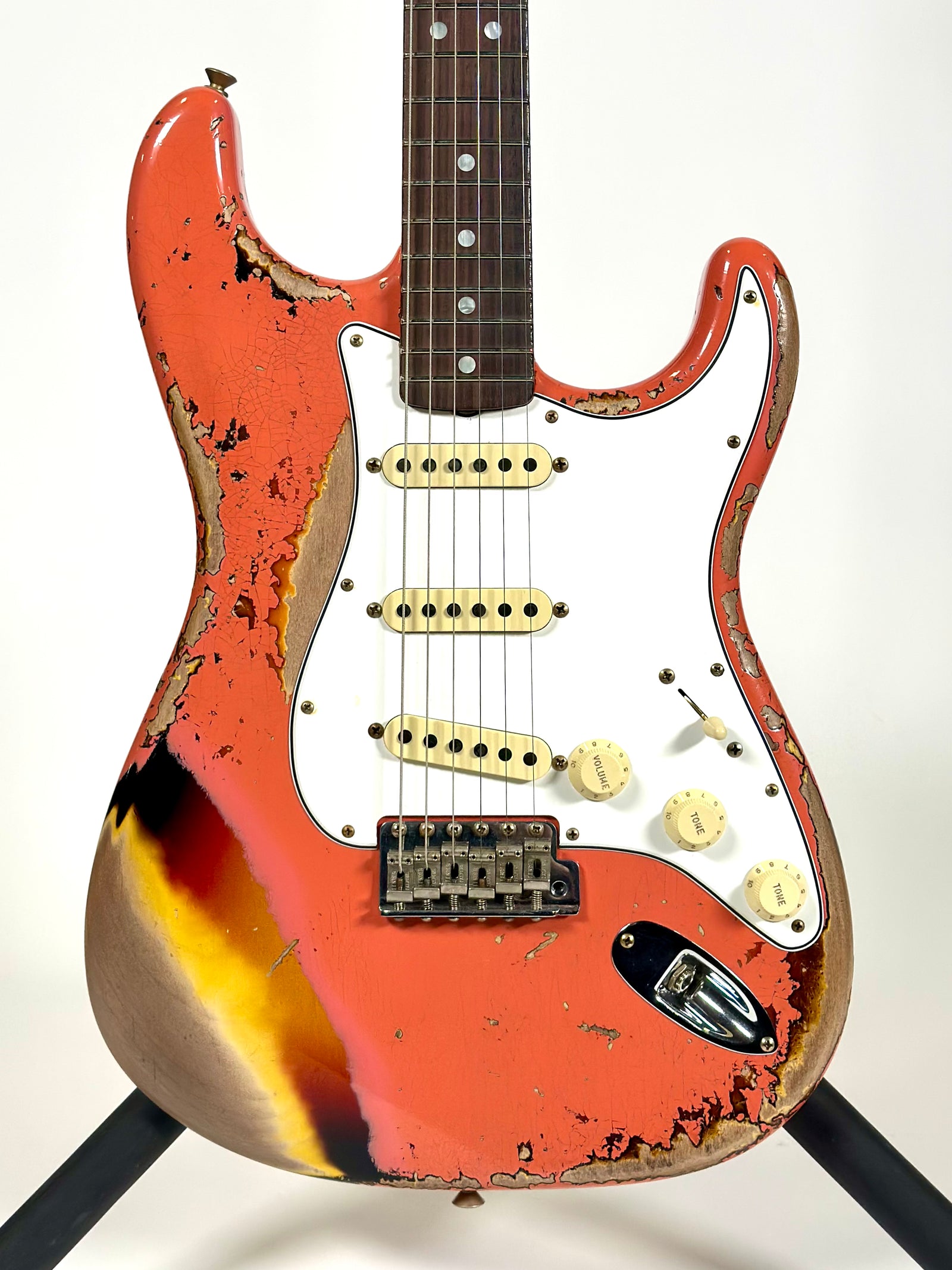 Fender Custom Shop 1965 Stratocaster Super Heavy Relic, Rosewood Fingerboard, Super Faded Aged Tahitian Coral over 3-Colour Sunburst