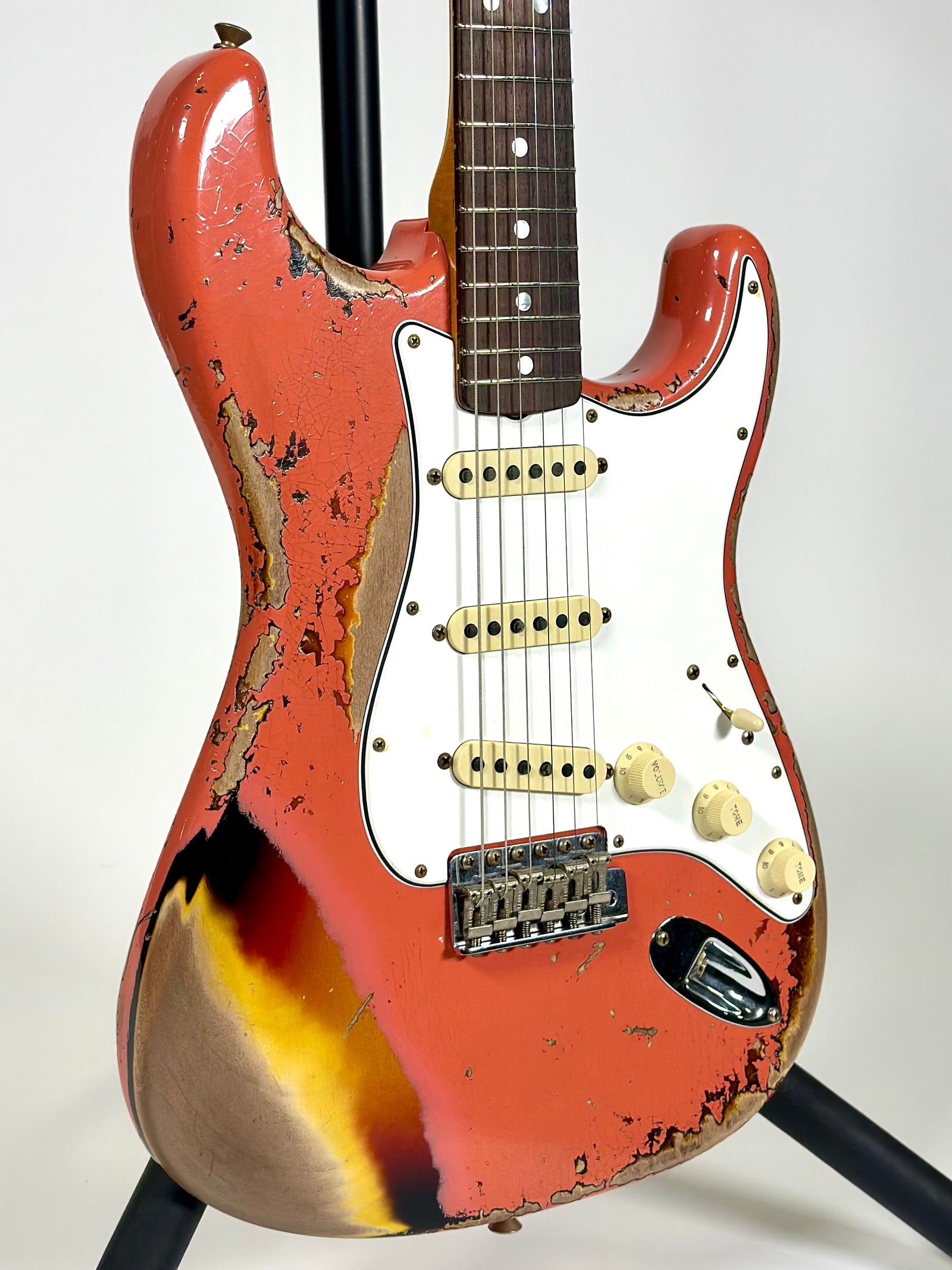 Fender Custom Shop 1965 Stratocaster Super Heavy Relic, Rosewood Fingerboard, Super Faded Aged Tahitian Coral over 3-Colour Sunburst