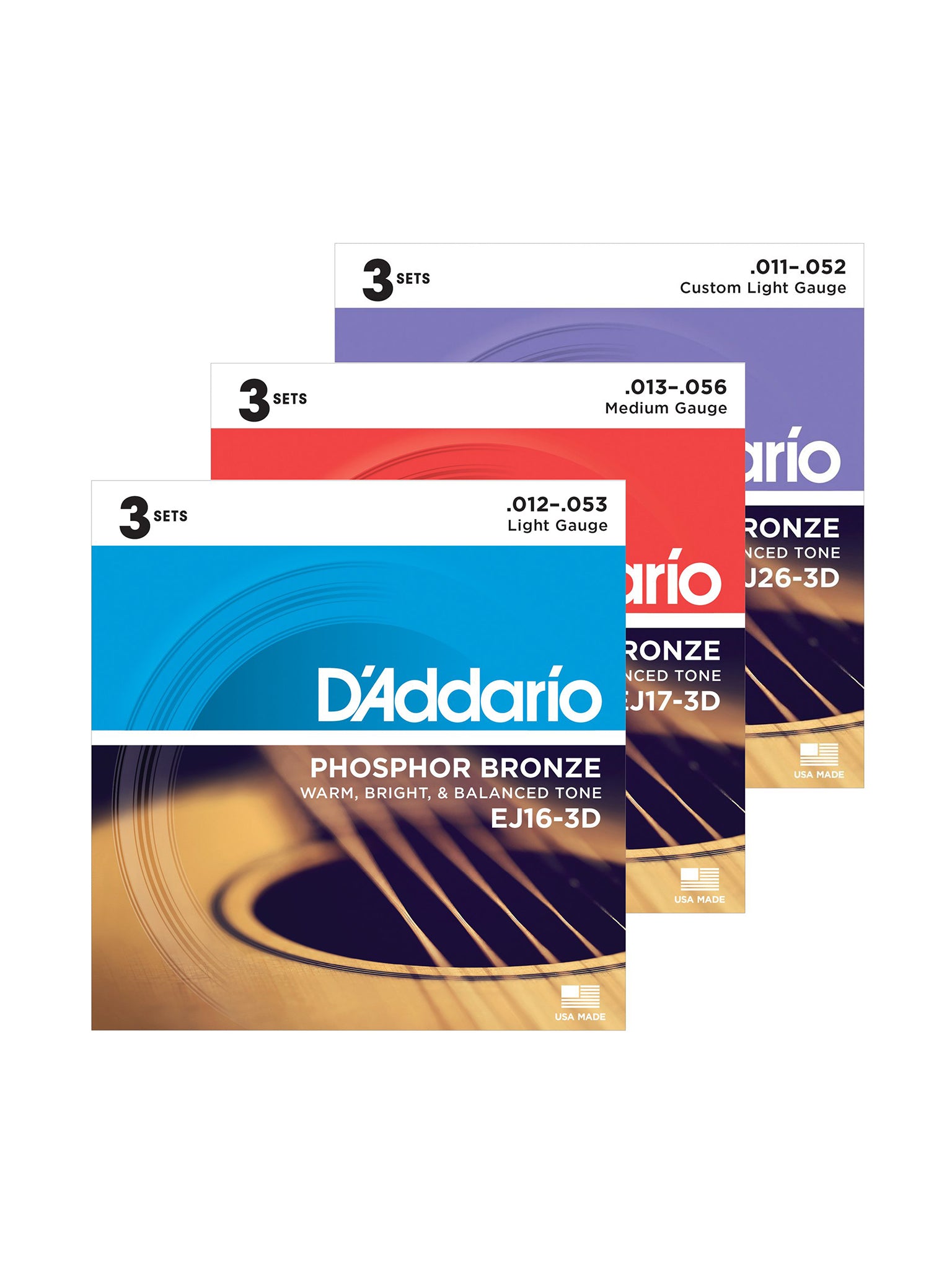 D'Addario Phosphor Bronze Acoustic Guitar Strings, 3 Pack