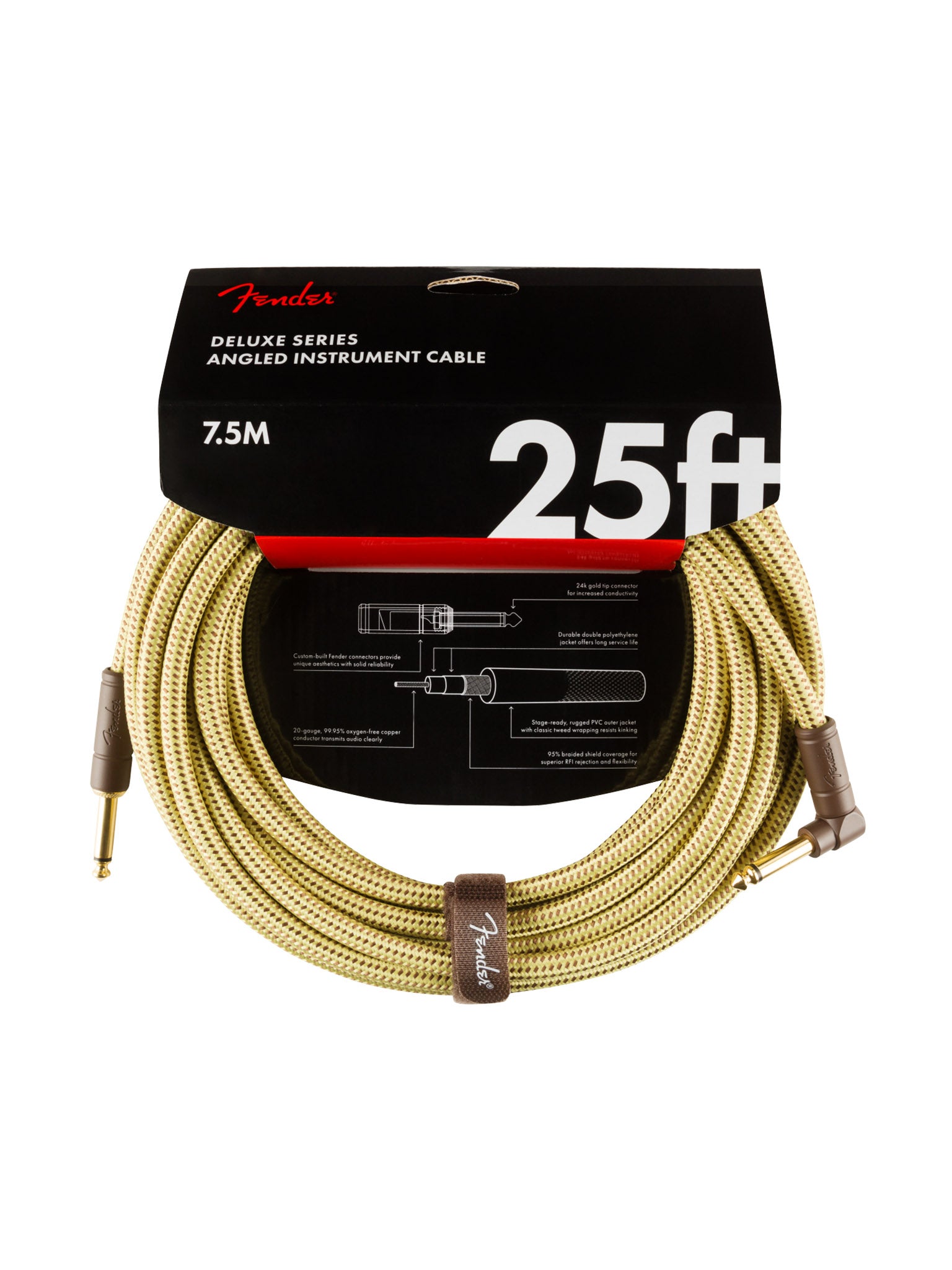 Fender Deluxe Series Instrument Cable, Straight/Angle, 25', Tweed
